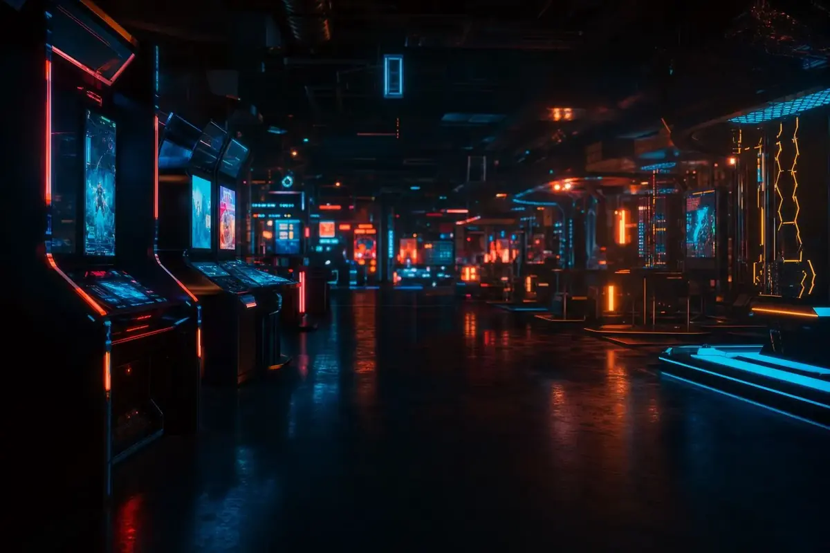 A dim arcade of glowing casino game machines