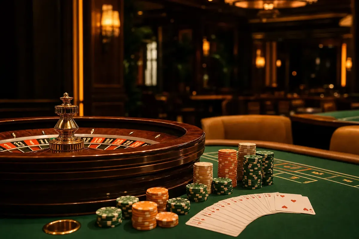A casino roulette wheel, poker chips and cards on green felt