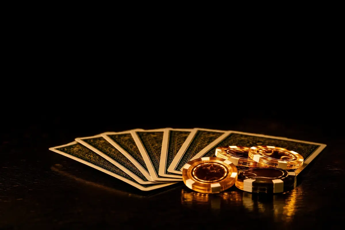 A fanned hand of cards and glowing casino chips on a dark table at night