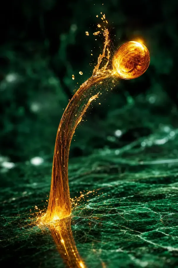 A molten amber sphere shooting upward on an arc of light that snaps at its peak