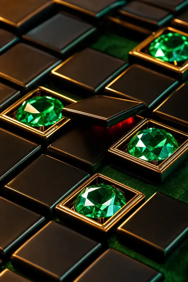 A grid of dark tiles with several flipped open to show glowing emerald gems