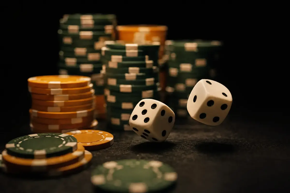 Casino dice mid-tumble beside tall stacks of poker chips on dark slate