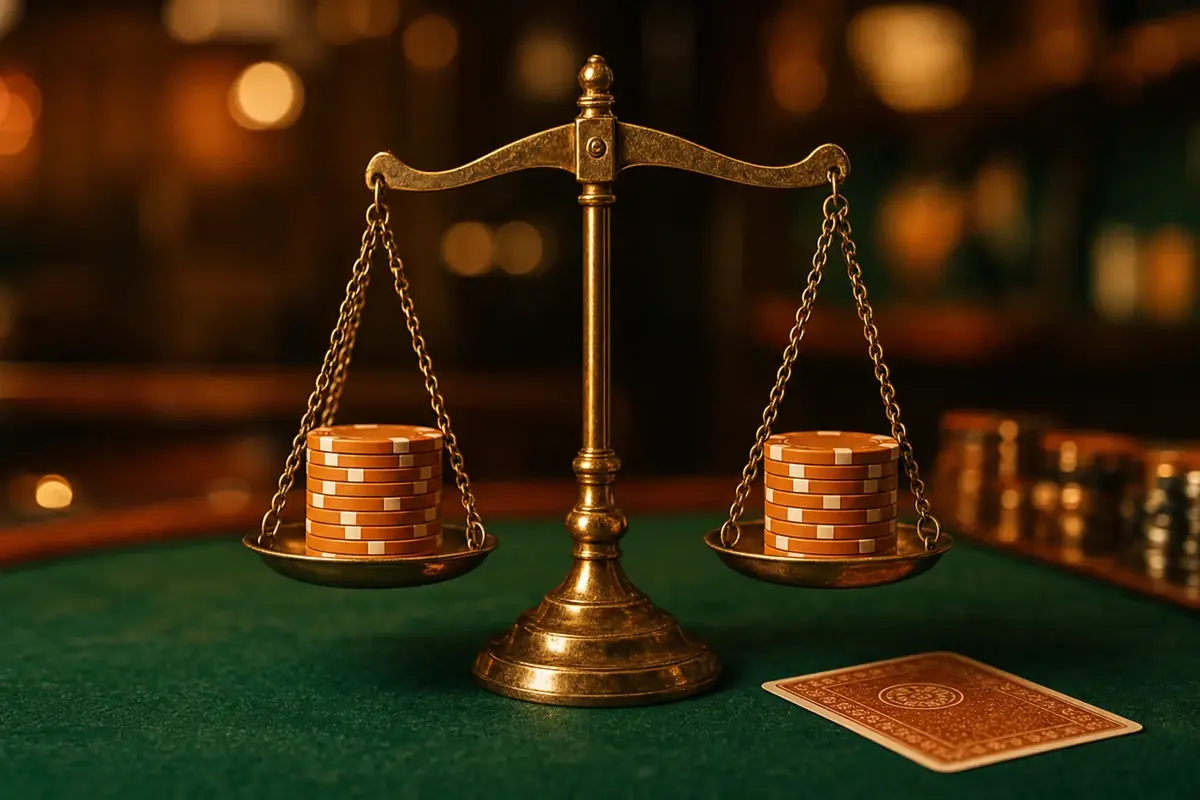 Casino chips weighed on a small brass balance scale on green felt