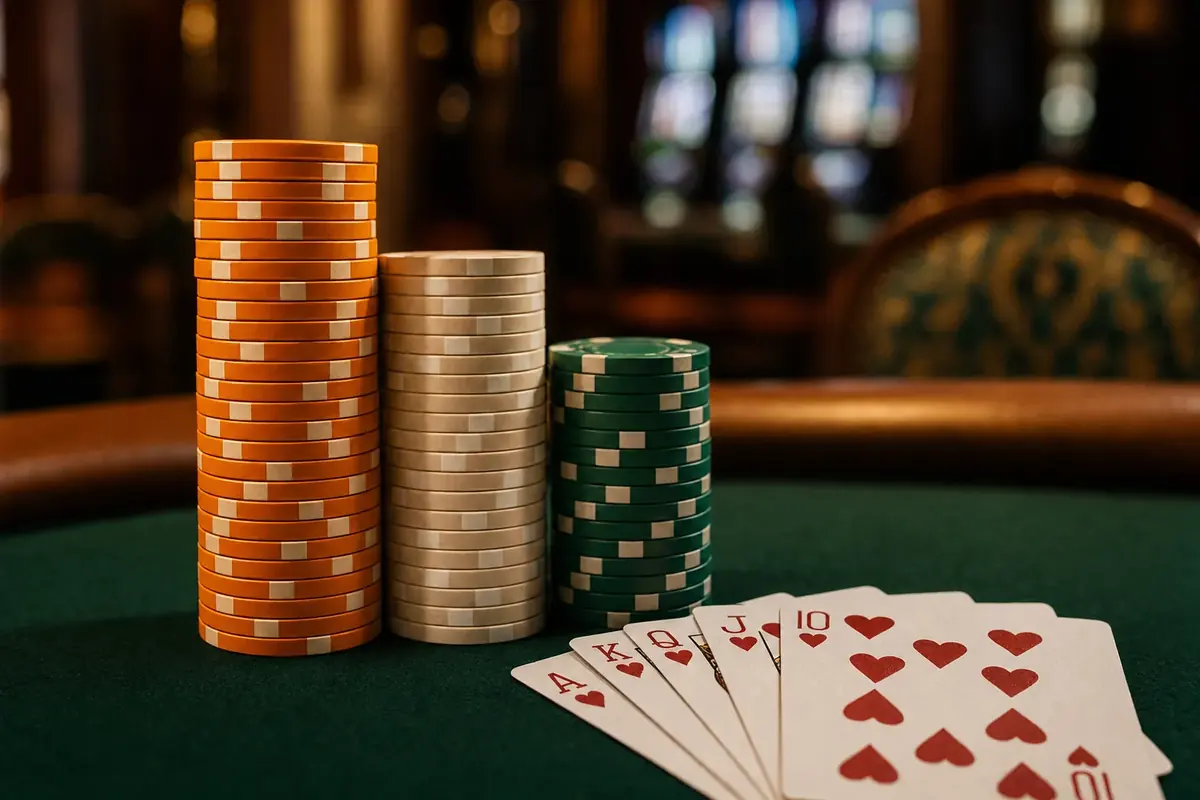 Tall stacks of casino chips arranged like a leaderboard beside a fanned hand of cards