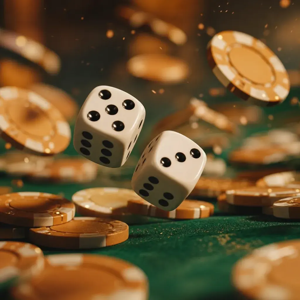 Casino dice landing beside scattered poker chips on felt