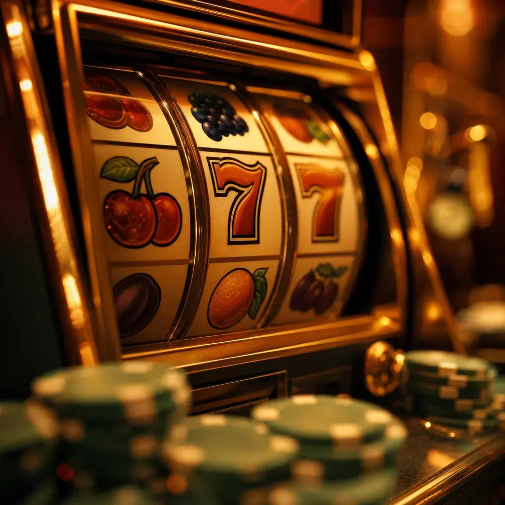 A glowing slot reel with casino chips in the foreground