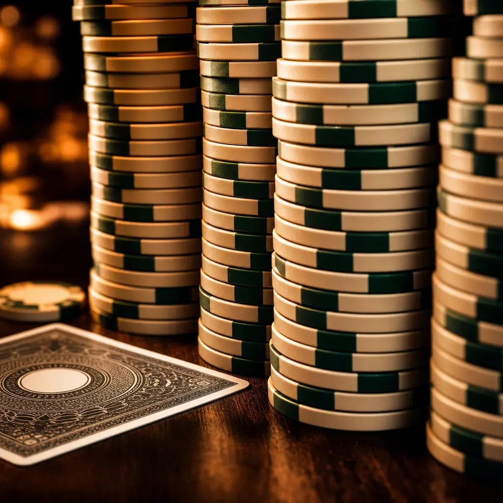 Tall towers of high-value casino chips beside a playing card