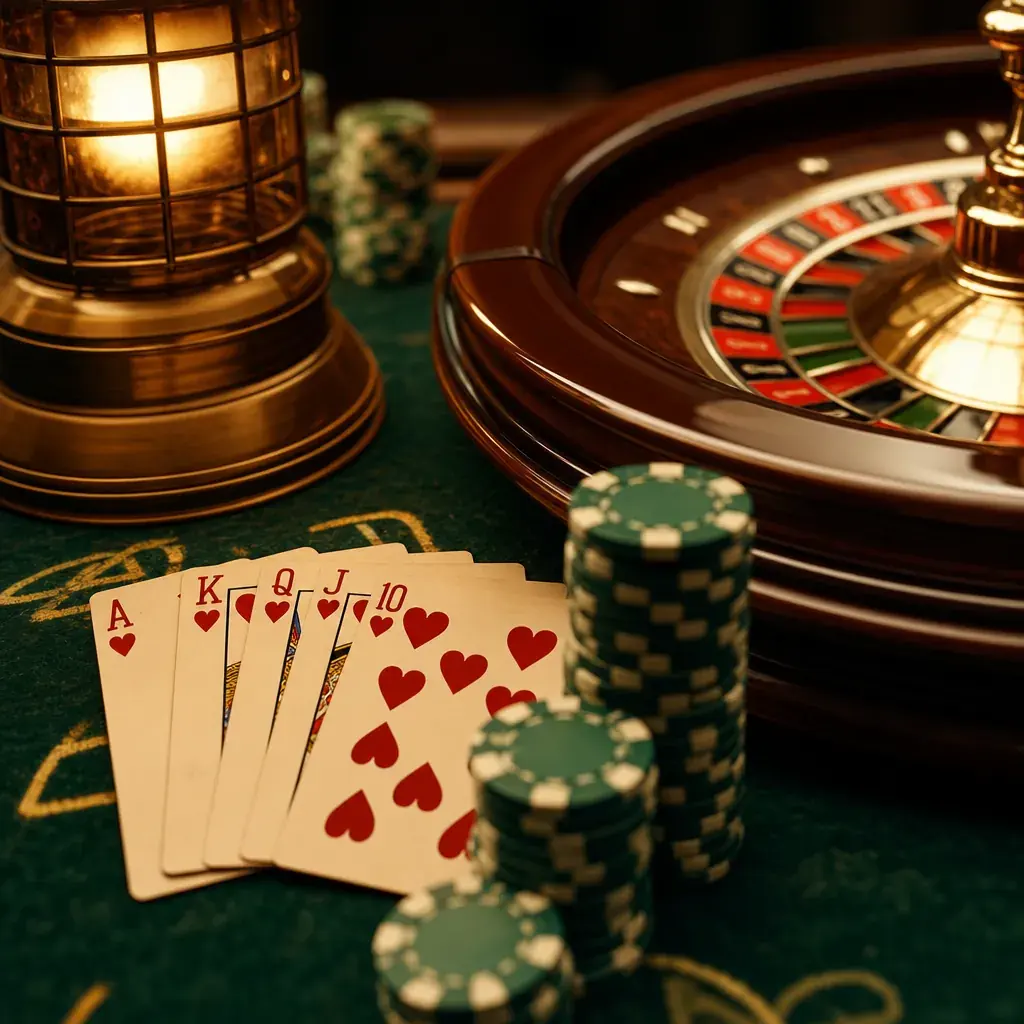 A live-dealer table corner with cards, chips and a roulette wheel