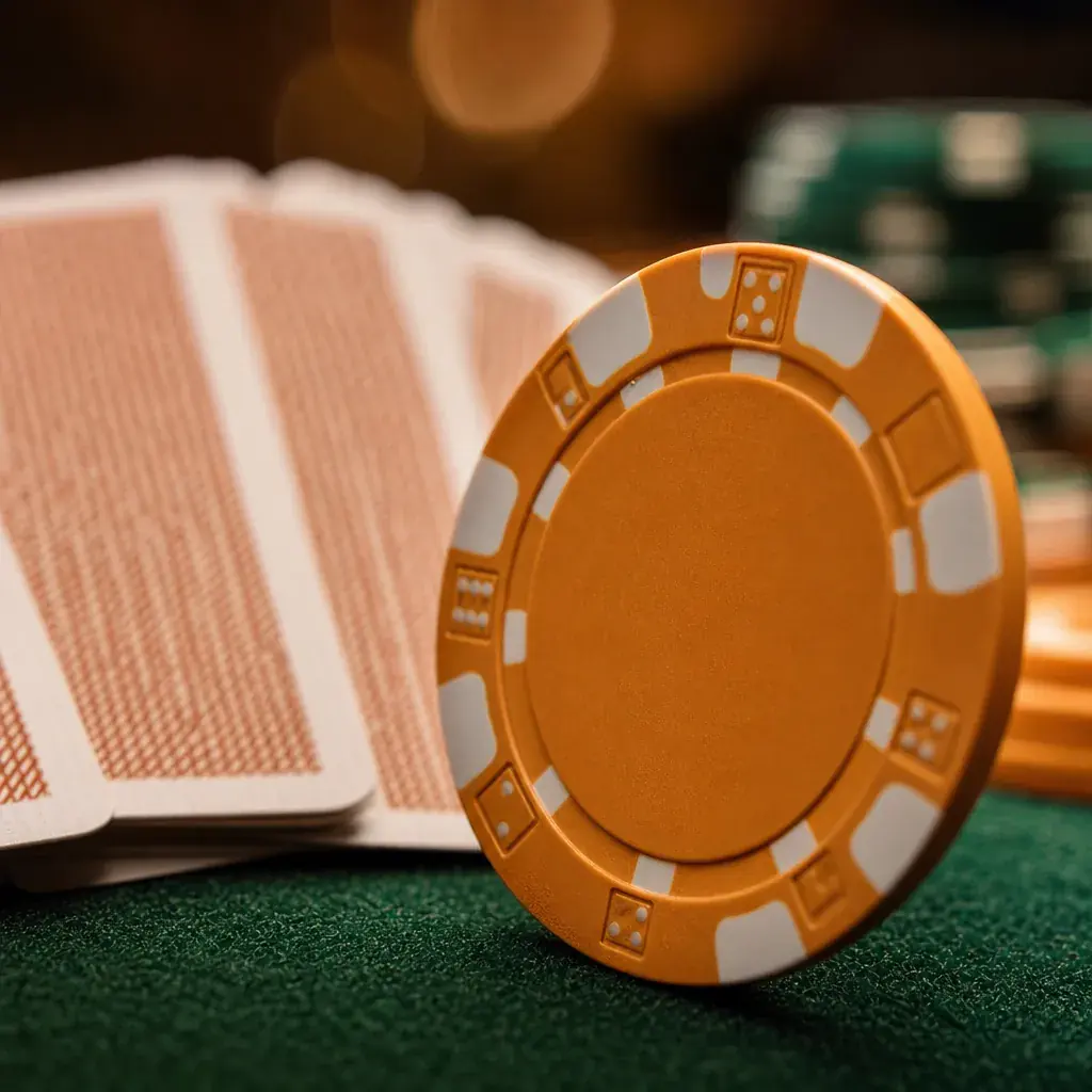 A single casino chip standing before a fanned hand of cards