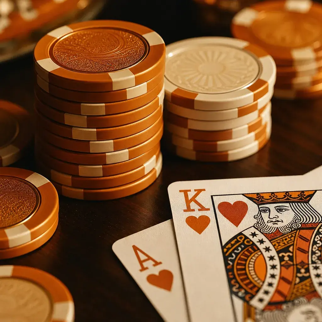 A welcome stack of casino chips and two face-up cards