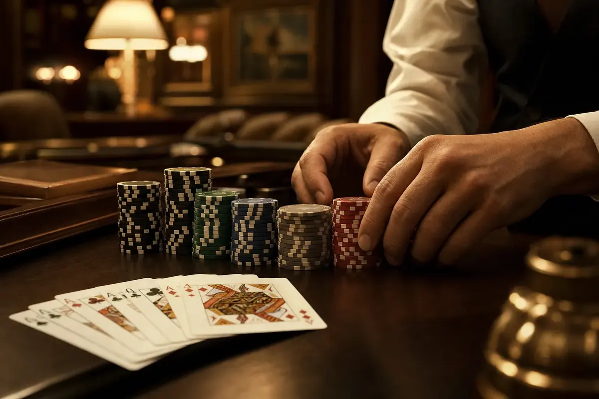 Hands sorting casino chips into graded stacks beside a fanned hand of cards