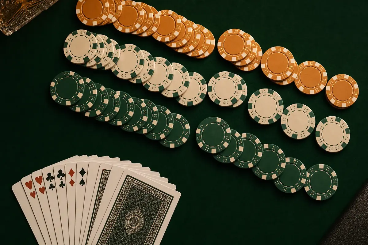 Casino chips sorted and tallied in neat rows on green felt
