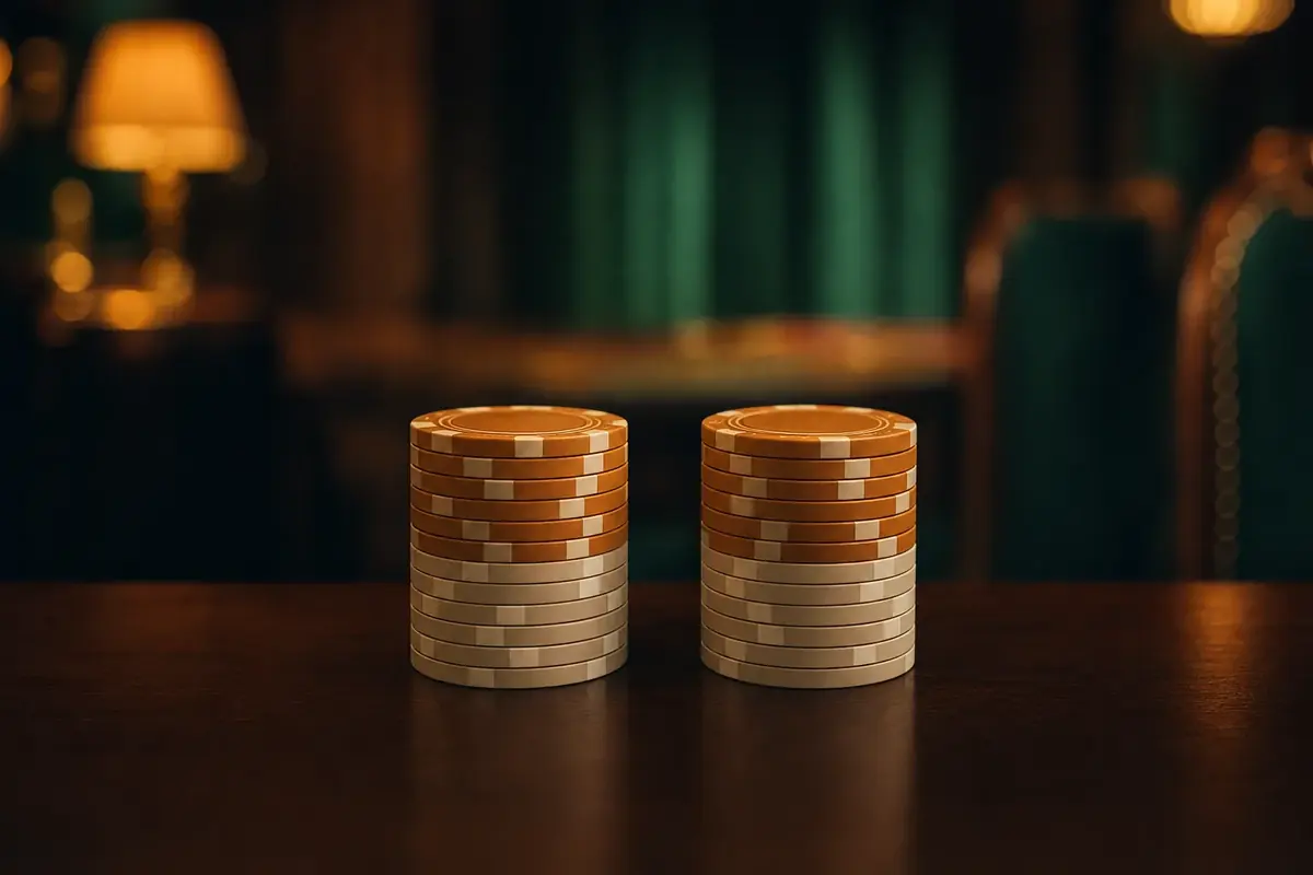 Two equal side-by-side stacks of casino chips, a matched deposit