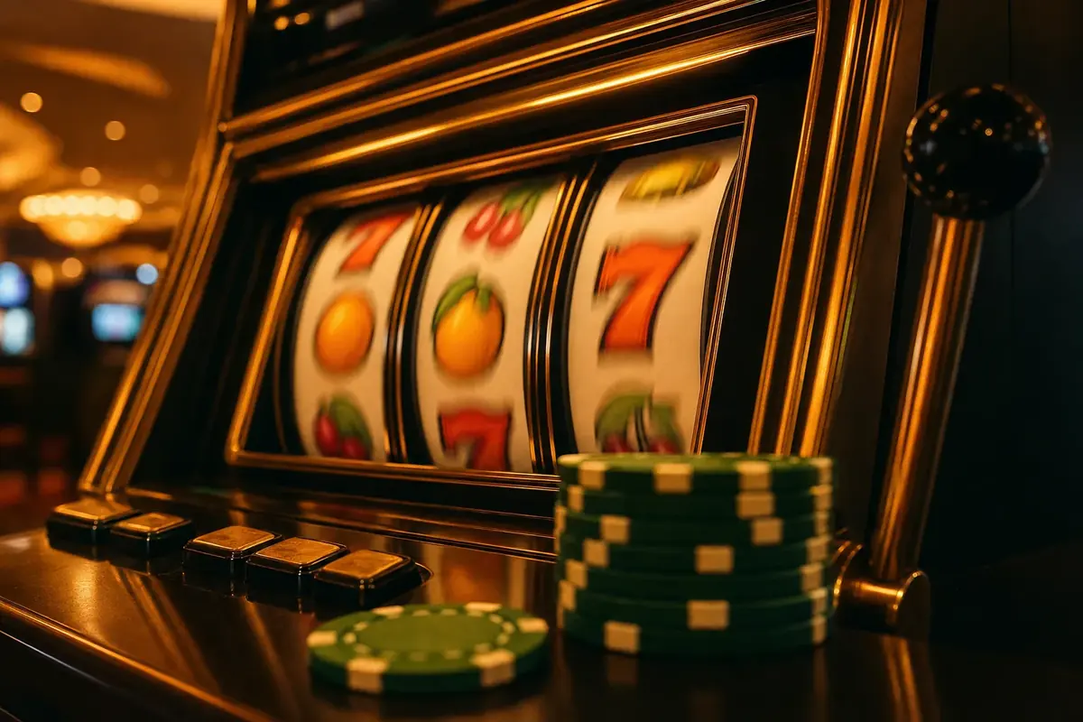 Slot-machine reels mid-spin with casino chips in the foreground