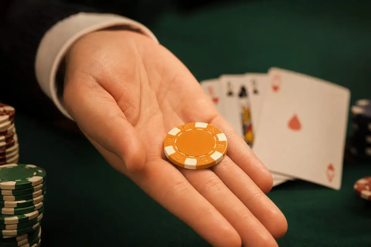 A single casino chip offered on an open palm above a green-felt table