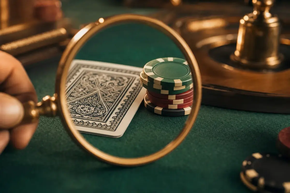 A magnifying glass held over a playing card and casino chips