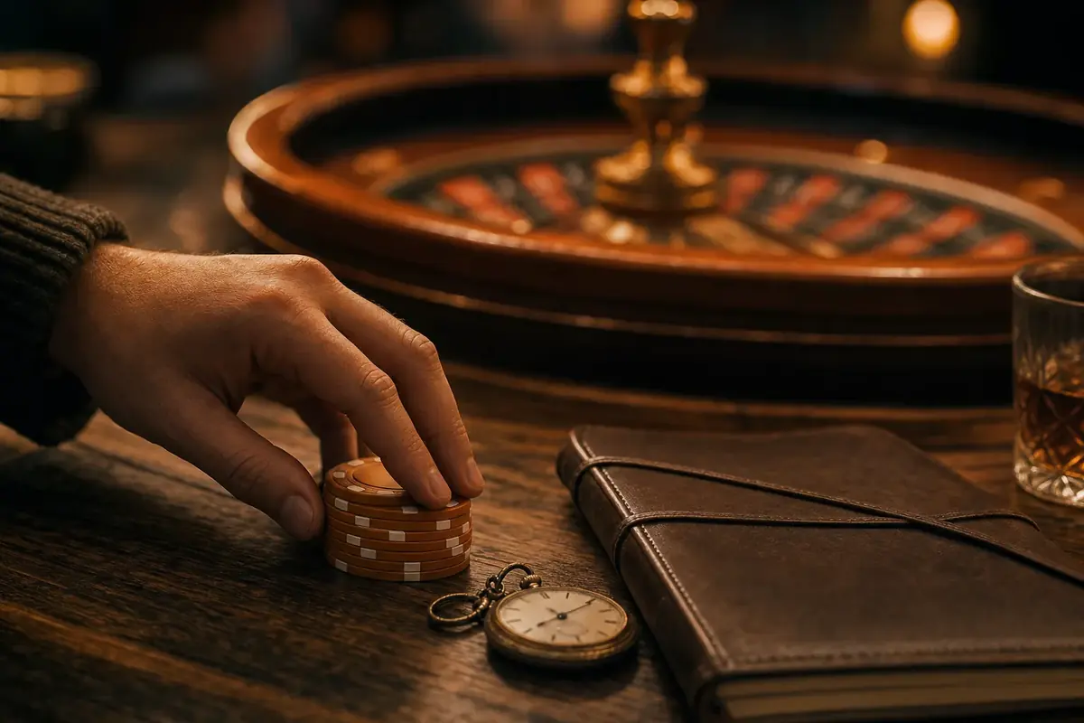 A hand resting a small stack of casino chips beside a closed notebook and a watch