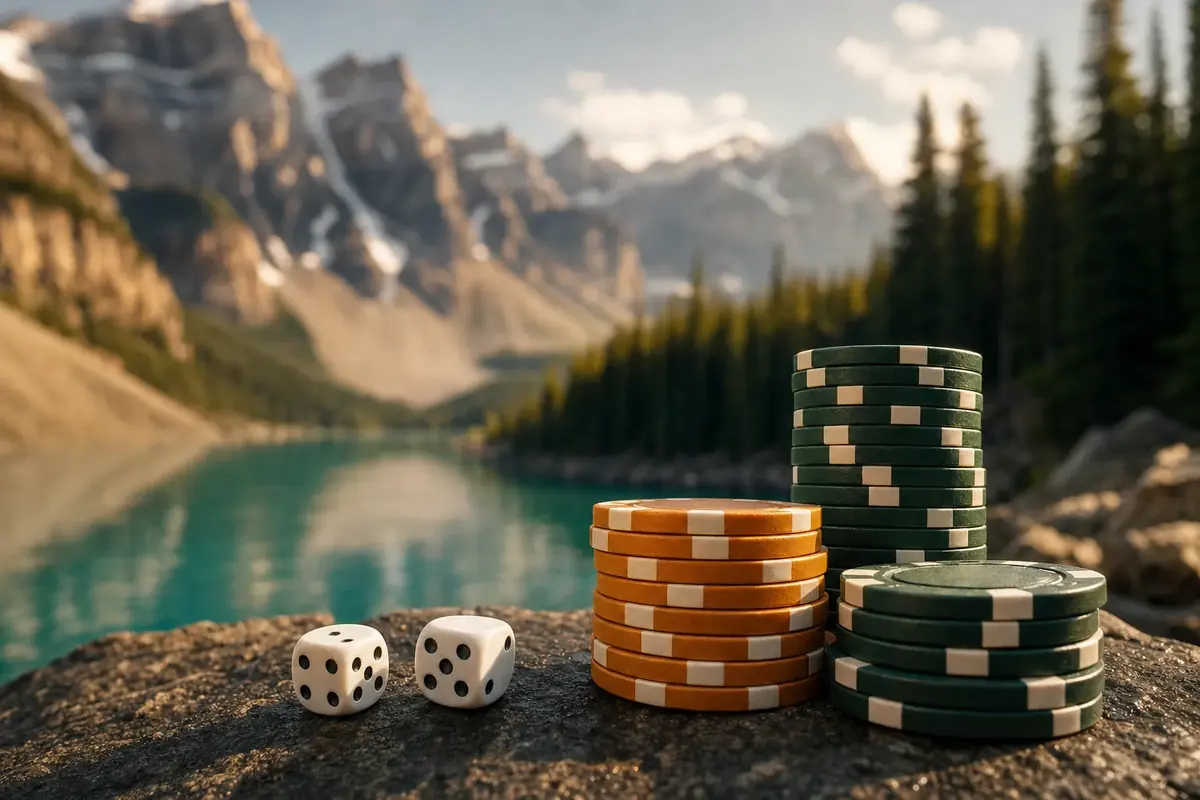 Casino dice and chip stacks on dark rock with mountain peaks behind